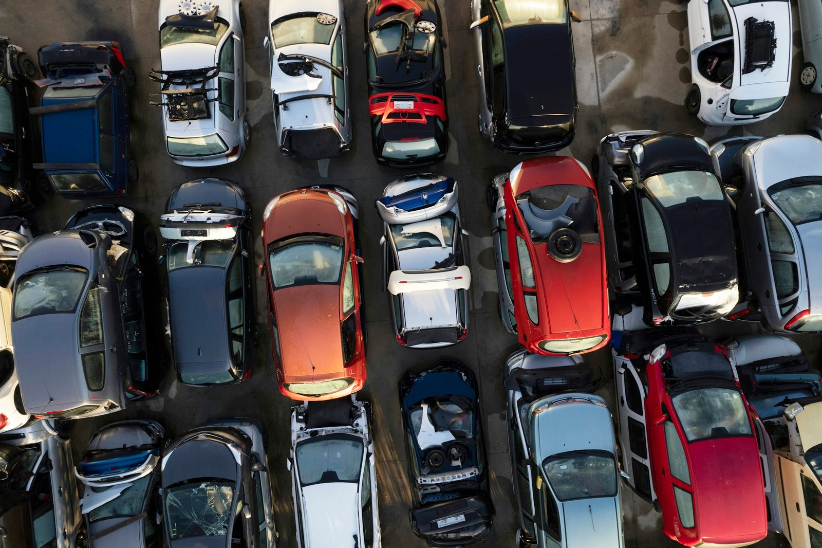 Aerial view of a small car demolition park